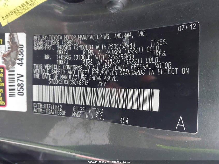 2012 Toyota Sienna VIN 5TDDK3DC6CS048315 IAAI salvage auction — NORMAL WEAR, Salvage (Texas), sold $1,900 on 2026-07-14 (photo 9)