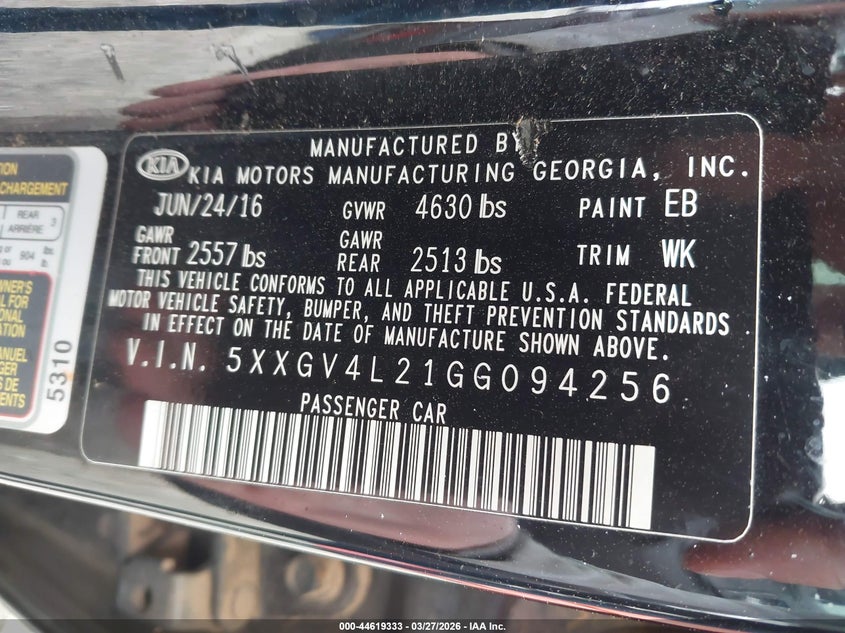 2016 Kia Optima VIN 5XXGV4L21GG094256 IAAI salvage auction — FRONT END, Clear (Oklahoma), sold $900 on 2026-07-14 (photo 9)