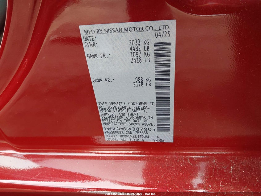 2025 Nissan Altima VIN 1N4BL4DW3SN387905 IAAI salvage auction — FRONT END, Wait Title, sold $7,700 on 2026-07-28 (photo 9)