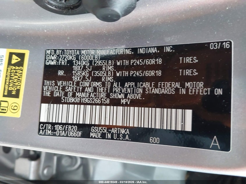 2016 Toyota Highlander VIN 5TDBKRFH9GS266158 IAAI salvage auction — FRONT END, Salvage - Greater Than 75% (Maryland), sold $3,250 on 2026-07-08 (photo 9)