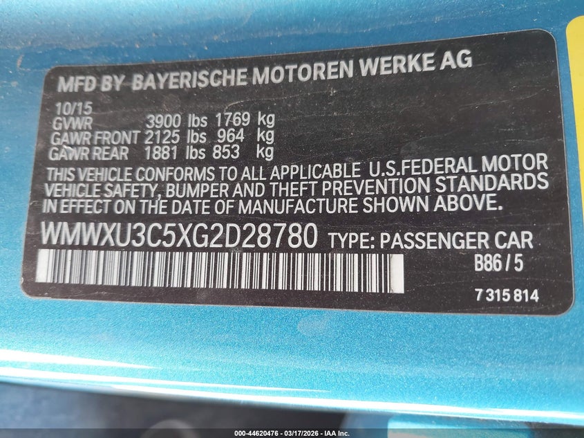 2016 Mini Hard top VIN WMWXU3C5XG2D28780 IAAI salvage auction — REAR END, Salvage Title, sold $2,175 on 2026-08-31 (photo 9)