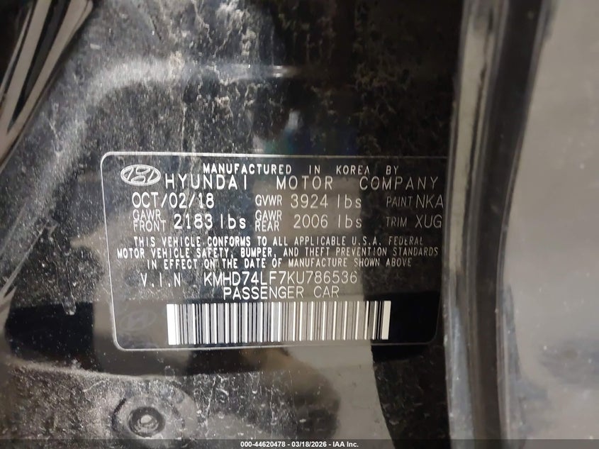 2019 Hyundai Elantra VIN KMHD74LF7KU786536 IAAI salvage auction — FRONT END, Salvage (North Carolina), sold $1,350 on 2026-07-09 (photo 9)