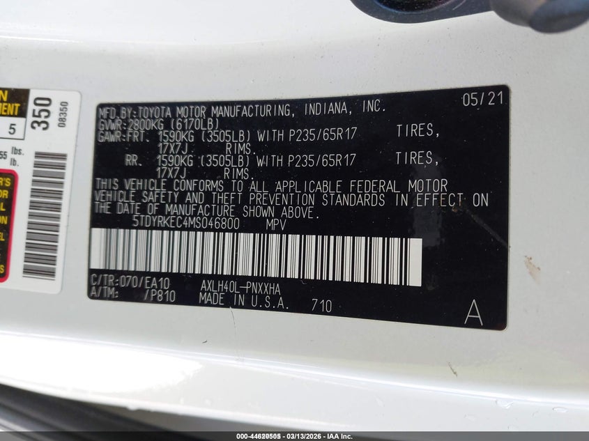 2021 Toyota Sienna VIN 5TDYRKEC4MS046800 IAAI salvage auction — FRONT END, Salvage (North Carolina), sold $18,100 on 2026-07-10 (photo 9)