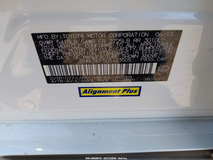 2013 Lexus Ls VIN JTHBL5EF5D5123505 IAAI salvage auction — LEFT FRONT, Salvage Title, sold $7,000 on 2026-08-14 (photo 9)