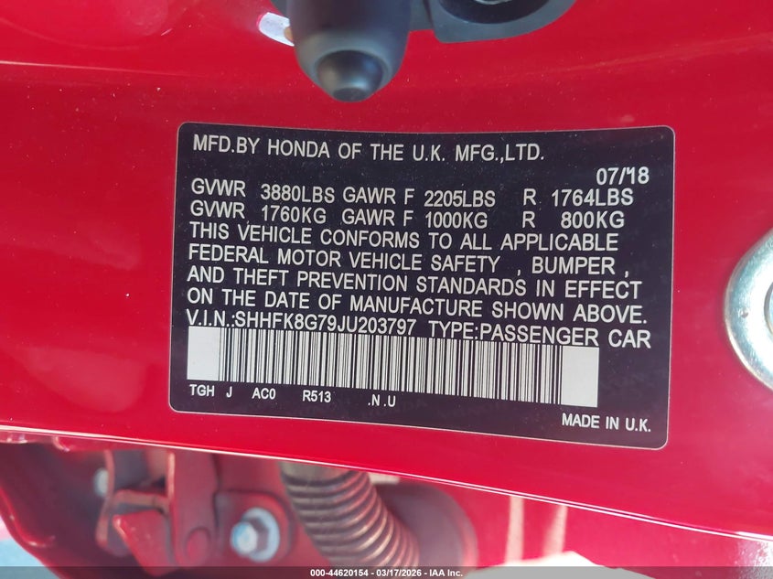 2018 Honda Civic type r VIN SHHFK8G79JU203797 IAAI salvage auction — ROLLOVER, Salvage Title, sold $6,200 on 2026-07-29 (photo 9)