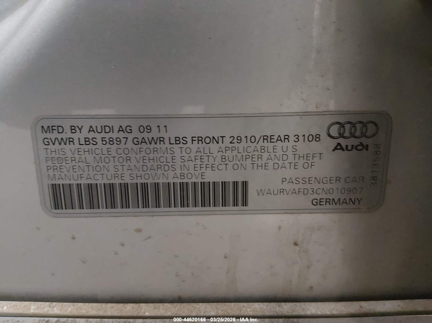 2012 Audi A8 VIN WAURVAFD3CN010907 IAAI salvage auction — FRONT END, Wait Title, sold $1,350 on 2026-07-28 (photo 9)