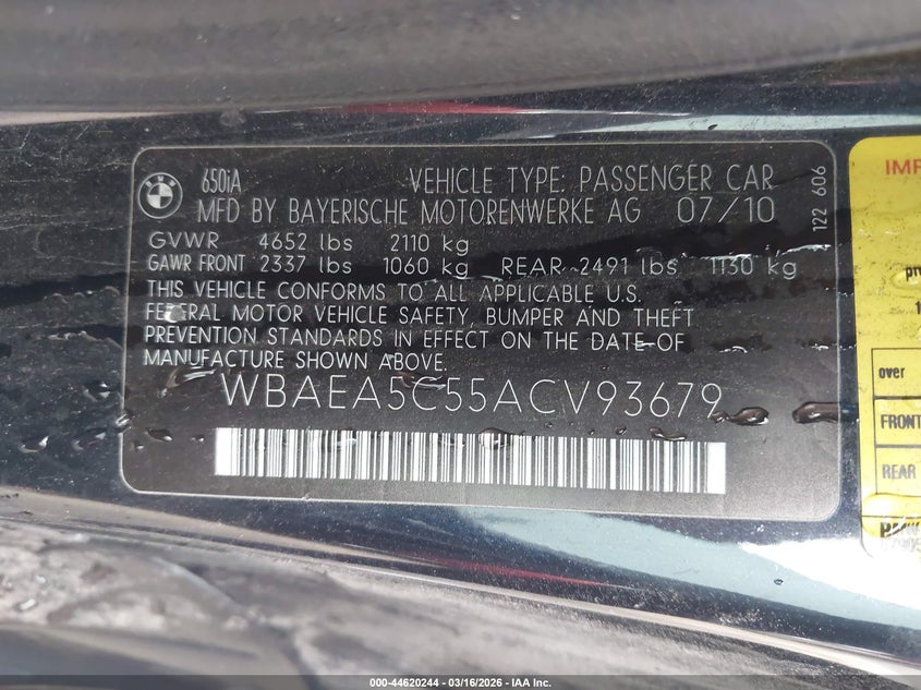 2010 BMW 6 series VIN WBAEA5C55ACV93679 IAAI salvage auction — RIGHT FRONT, Salvage (Utah), sold $1,325 on 2026-07-30 (photo 9)