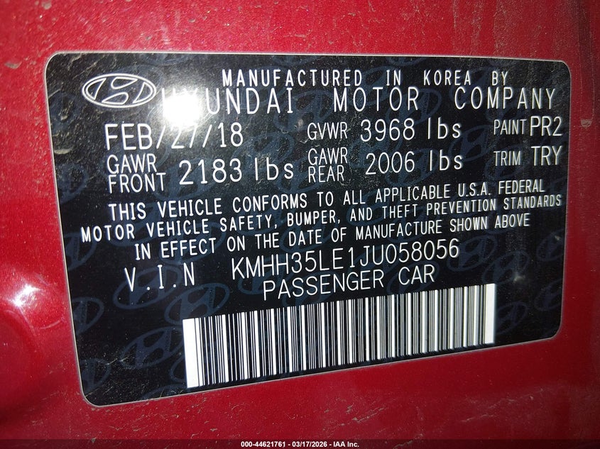 2018 Hyundai Elantra VIN KMHH35LE1JU058056 IAAI salvage auction — FRONT END, Salvage Title, sold $1,500 on 2026-07-29 (photo 9)