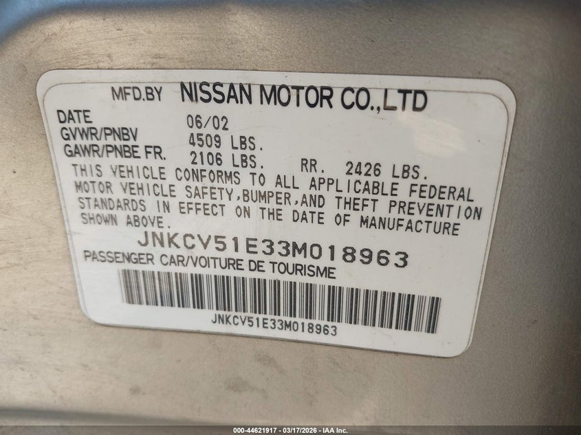 2003 Infiniti G35 VIN JNKCV51E33M018963 IAAI salvage auction — FRONT END, Salvage (California), sold $200 on 2026-07-08 (photo 9)