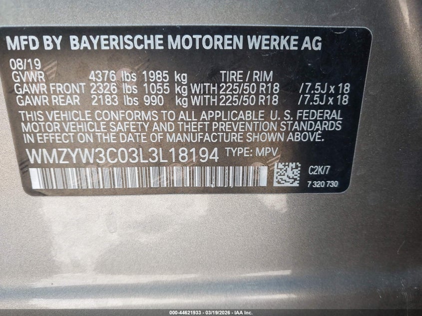 2020 Mini Countryman VIN WMZYW3C03L3L18194 IAAI salvage auction — FRONT & REAR, Original (Texas), sold $2,200 on 2026-07-07 (photo 9)