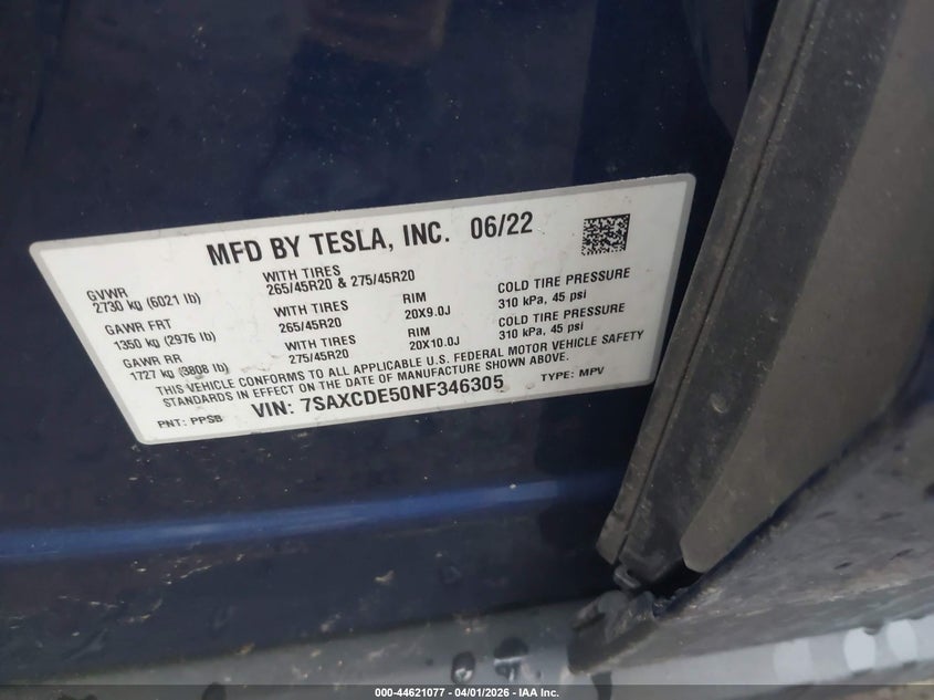 2022 Tesla Model x VIN 7SAXCDE50NF346305 IAAI salvage auction — UNKNOWN, Wait Title, sold $14,000 on 2026-07-21 (photo 9)