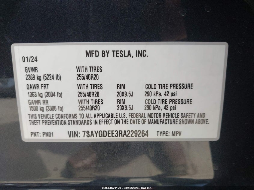 2024 Tesla Model y VIN 7SAYGDEE3RA229264 IAAI salvage auction — FRONT END, Original (Texas), sold $10,400 on 2026-07-12 (photo 9)