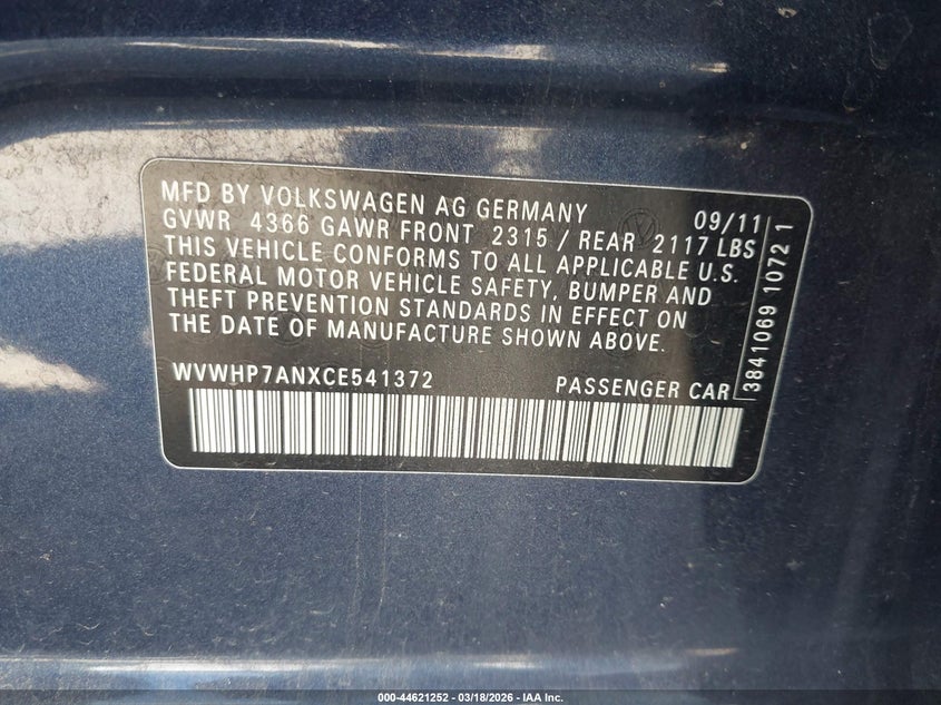 2012 Volkswagen Passat cc VIN WVWHP7ANXCE541372 IAAI salvage auction — TRANSMISSION, Salvage (California), sold $325 on 2026-08-06 (photo 9)