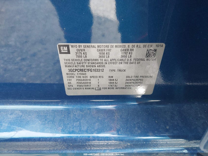 2015 Chevrolet Silverado VIN 3GCPCREC7FG163312 IAAI salvage auction — LEFT FRONT, Salvage (Mississippi), sold $3,150 on 2026-08-20 (photo 9)