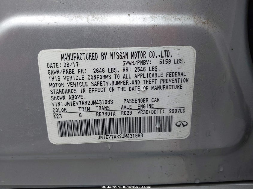2018 Infiniti Q50 VIN JN1EV7AR2JM431983 IAAI salvage auction — FRONT END, Salvage (Colorado), sold $2,250 on 2026-07-09 (photo 9)