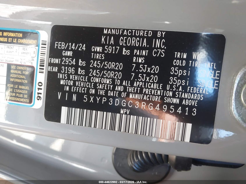 2024 Kia Telluride VIN 5XYP3DGC3RG495413 IAAI salvage auction — FRONT END, Clear (Georgia), sold $7,050 on 2026-07-21 (photo 9)