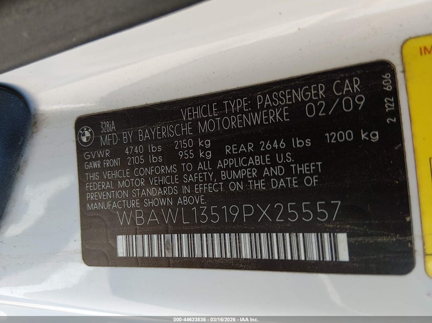 2009 BMW 3er VIN WBAWL13519PX25557 IAAI salvage auction — FRONT END, Salvage (Texas), sold $400 on 2026-07-28 (photo 9)