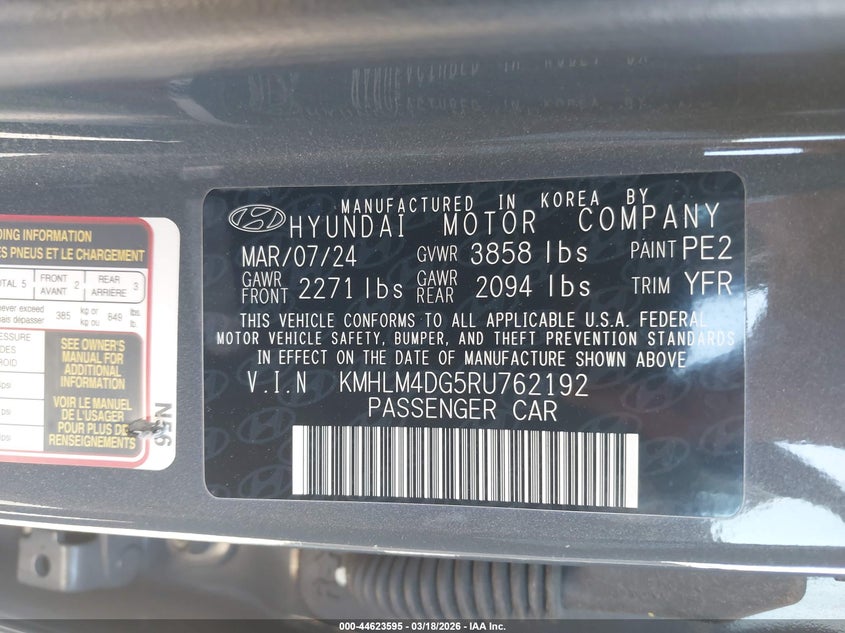 2024 Hyundai Elantra VIN KMHLM4DG5RU762192 IAAI salvage auction — FRONT END, Salvage Title, sold $3,400 on 2026-07-08 (photo 9)