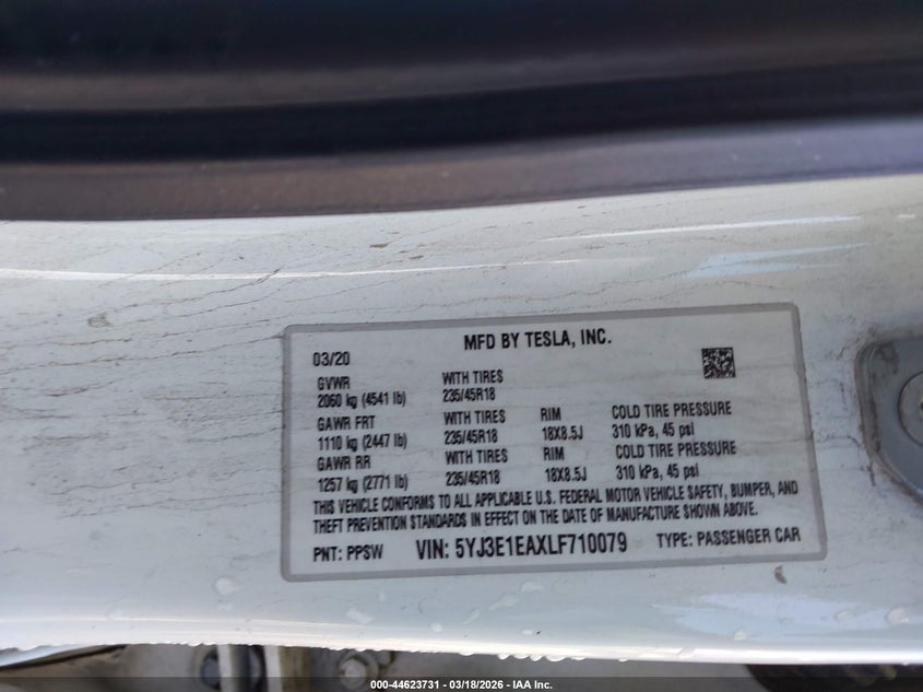 2020 Tesla Model 3 VIN 5YJ3E1EAXLF710079 IAAI salvage auction — FRONT END, Original (Texas), sold $5,200 on 2026-08-31 (photo 9)