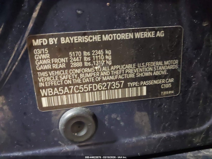 2015 BMW 5er VIN WBA5A7C55FD627357 IAAI salvage auction — RIGHT FRONT, Salvage Title, sold $1,225 on 2026-07-15 (photo 9)