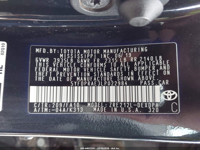 2020 Toyota Corolla VIN 5YFDPRAE3LP022984 IAAI salvage auction — FRONT END, Salvage (Texas), sold $3,500 on 2026-07-15 (photo 9)