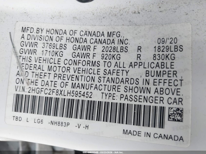 2020 Honda Civic VIN 2HGFC2F8XLH595452 IAAI salvage auction — SIDE, Salvage Title, sold $5,200 on 2026-07-26 (photo 9)