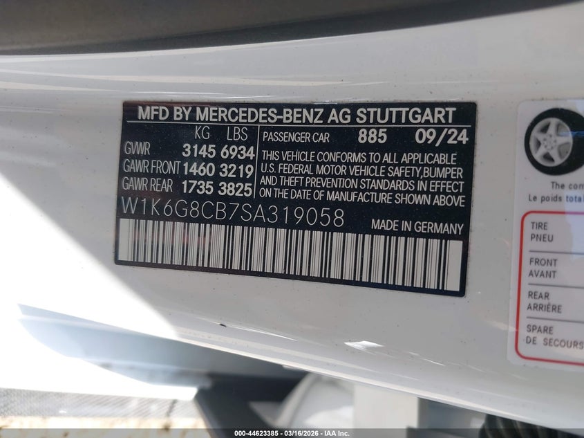 2025 Mercedes-benz VIN W1K6G8CB7SA319058 IAAI salvage auction — FRONT & REAR, Salvage (California), sold $80,500 on 2026-07-06 (photo 9)