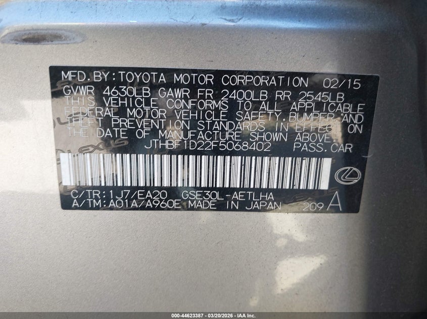 2015 Lexus Is VIN JTHBF1D22F5068402 IAAI salvage auction — RIGHT SIDE, Salvage (California), sold $25 on 2026-07-29 (photo 9)