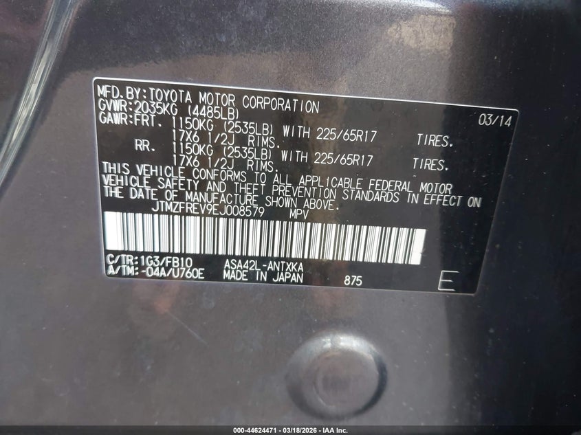2014 Toyota Rav 4 VIN JTMZFREV9EJ008579 IAAI salvage auction — LEFT REAR, Salvage (Hawaii), sold $175 on 2026-07-14 (photo 9)