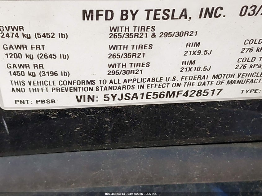 2021 Tesla Model s VIN 5YJSA1E56MF428517 IAAI salvage auction — MECHANICAL, Salvage Title, sold $12,600 on 2026-07-28 (photo 9)