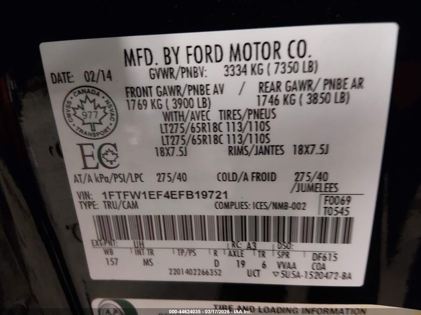 2014 Ford F-150 VIN 1FTFW1EF4EFB19721 IAAI salvage auction — FRONT END, Salvage (Idaho), sold $1,400 on 2026-07-30 (photo 9)