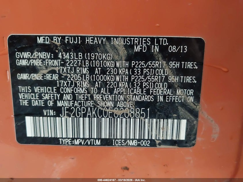 2014 Subaru Xv VIN JF2GPAKC0E8208851 IAAI salvage auction — FRONT END, Salvage Title, sold $850 on 2026-07-21 (photo 9)