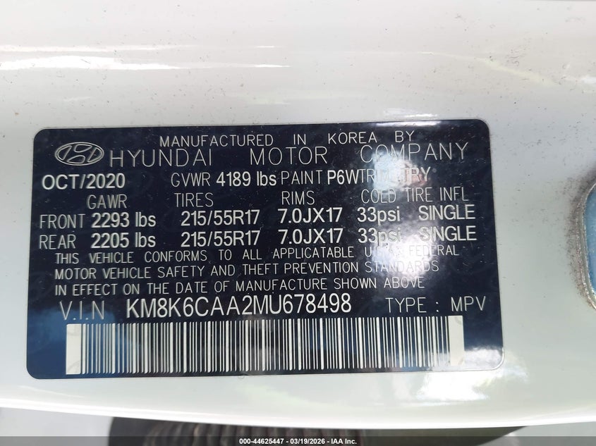 2021 Hyundai Kona VIN KM8K6CAA2MU678498 IAAI salvage auction — FRONT END, Salvage (Idaho), sold $1,550 on 2026-07-28 (photo 9)