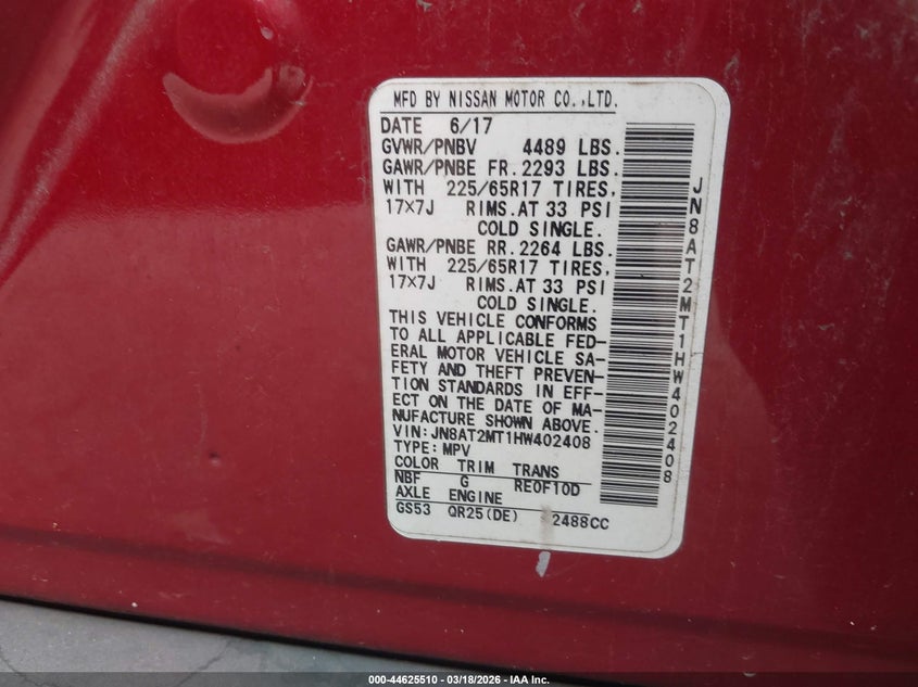 2017 Nissan Rogue VIN JN8AT2MT1HW402408 IAAI salvage auction — FRONT END, Salvage Title, sold $1,600 on 2026-07-22 (photo 9)
