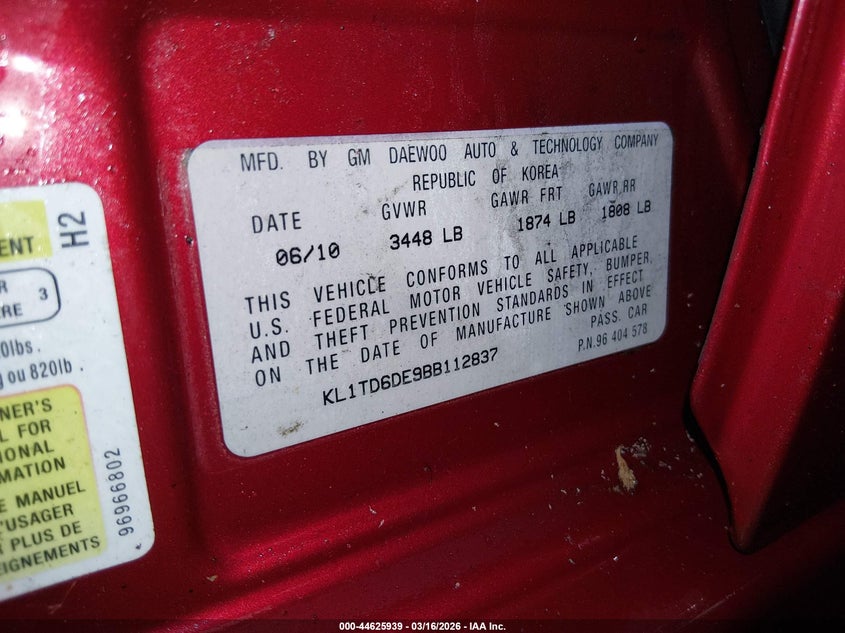 2011 Chevrolet Aveo VIN KL1TD6DE9BB112837 IAAI salvage auction — NORMAL WEAR, Original (Maine), sold $225 on 2026-07-27 (photo 9)