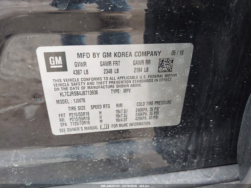 2018 Chevrolet Trax VIN KL7CJRSB4JB713936 IAAI salvage auction — REAR END, Salvage Title, sold $1,700 on 2026-07-14 (photo 9)