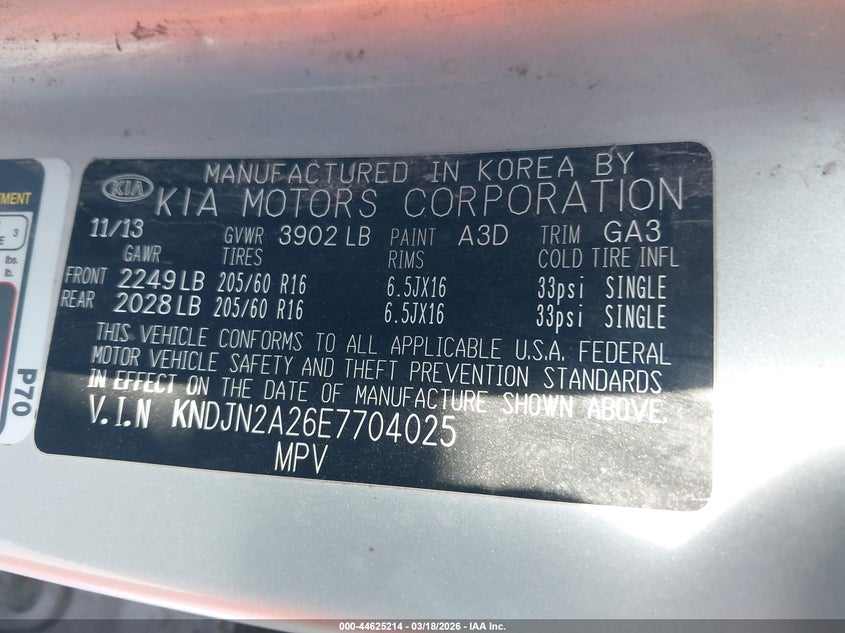 2014 Kia Soul VIN KNDJN2A26E7704025 IAAI salvage auction — FRONT & REAR, Salvage (Texas), sold $525 on 2026-07-28 (photo 9)