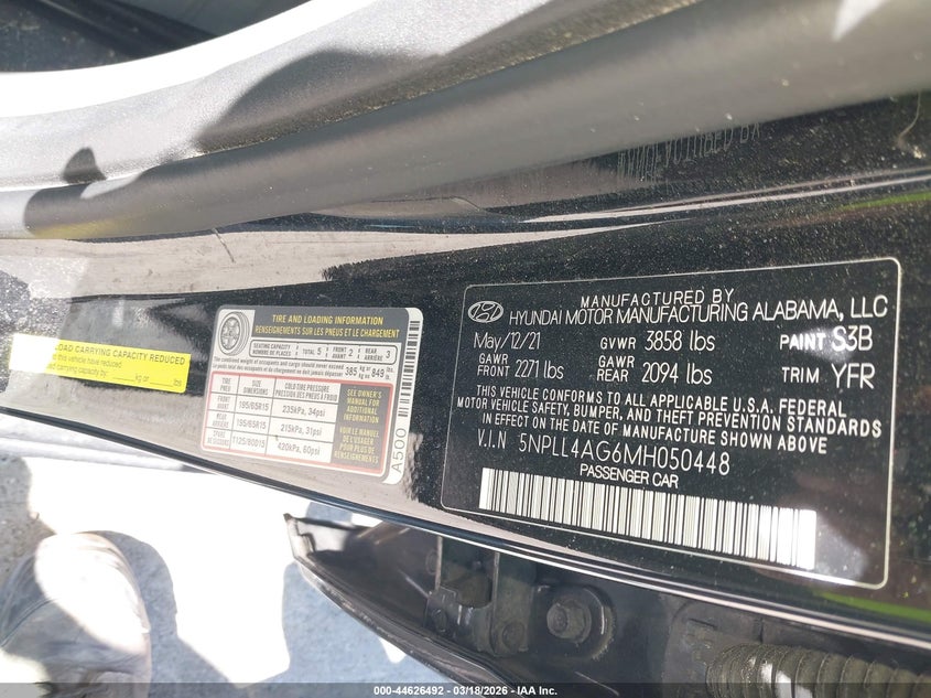 2021 Hyundai Elantra VIN 5NPLL4AG6MH050448 IAAI salvage auction — FRONT & REAR, Salvage (Idaho), sold $1,050 on 2026-07-28 (photo 9)