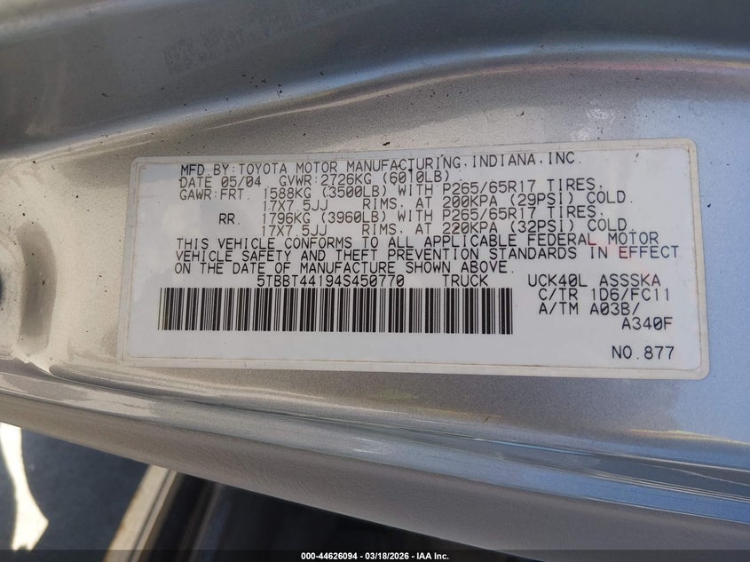 2004 Toyota Tundra VIN 5TBBT44194S450770 IAAI salvage auction — FRONT END, Salvage (Illinois), sold $1,800 on 2026-07-07 (photo 9)