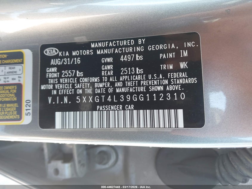 2016 Kia Optima VIN 5XXGT4L39GG112310 IAAI salvage auction — FRONT END, Salvage Title, sold $625 on 2026-07-20 (photo 9)