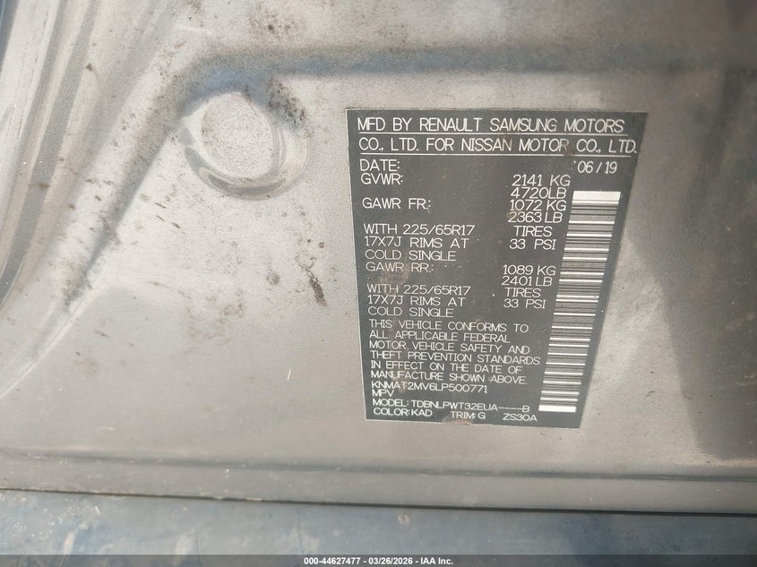 2020 Nissan Rogue VIN KNMAT2MV6LP500771 IAAI salvage auction — RIGHT SIDE, Clear (Virginia), sold $1,450 on 2026-07-31 (photo 9)