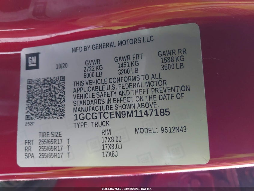 2021 Chevrolet Colorado VIN 1GCGTCEN9M1147185 IAAI salvage auction — FRONT END, Salvage Title, sold $10,200 on 2026-07-29 (photo 9)