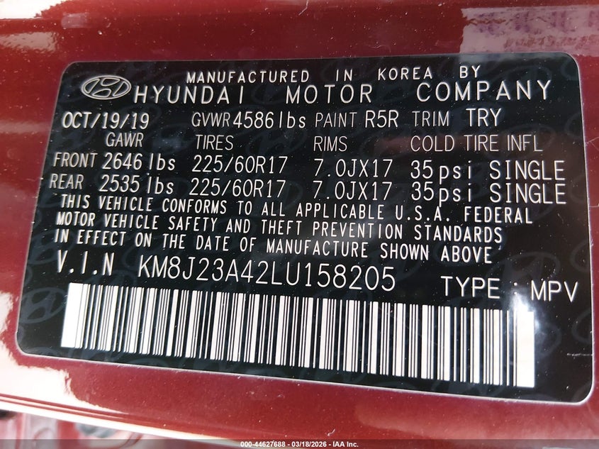 2020 Hyundai Tucson VIN KM8J23A42LU158205 IAAI salvage auction — FRONT END, Salvage Title, sold $2,100 on 2026-07-07 (photo 9)
