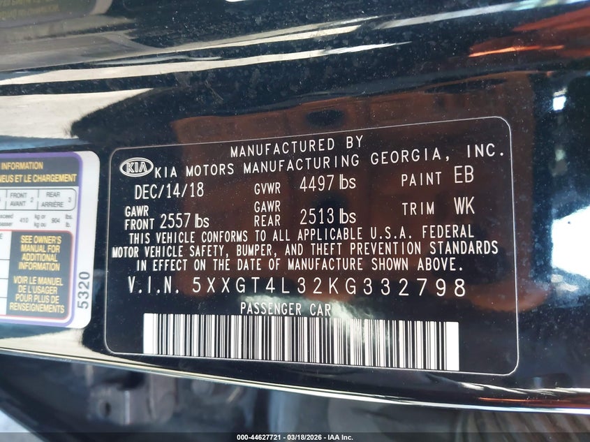 2019 Kia Optima VIN 5XXGT4L32KG332798 IAAI salvage auction — REAR END, Salvage - Greater Than 75% (Maryland), sold $2,650 on 2026-07-08 (photo 9)