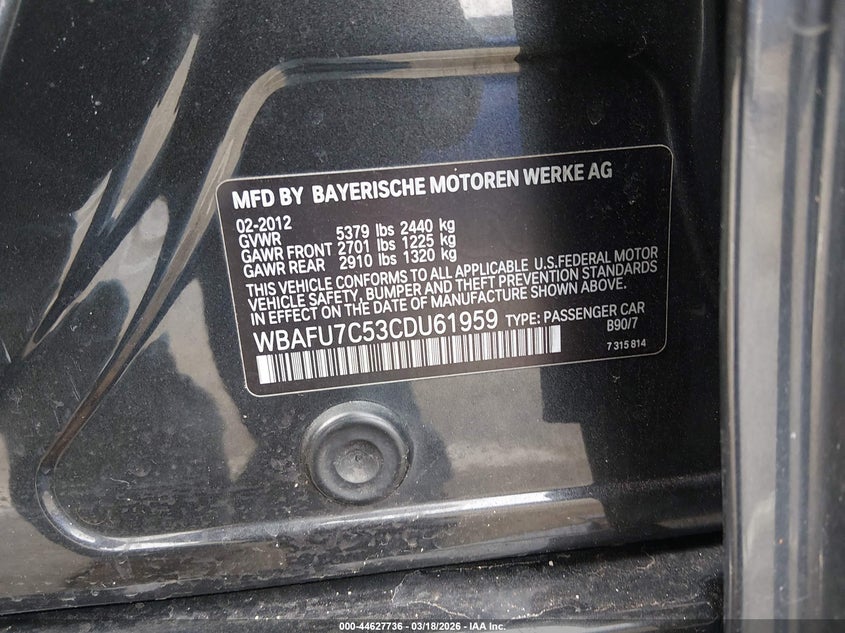 2012 BMW 5er VIN WBAFU7C53CDU61959 IAAI salvage auction — RIGHT FRONT, Salvage (New Jersey), sold $800 on 2026-07-06 (photo 9)