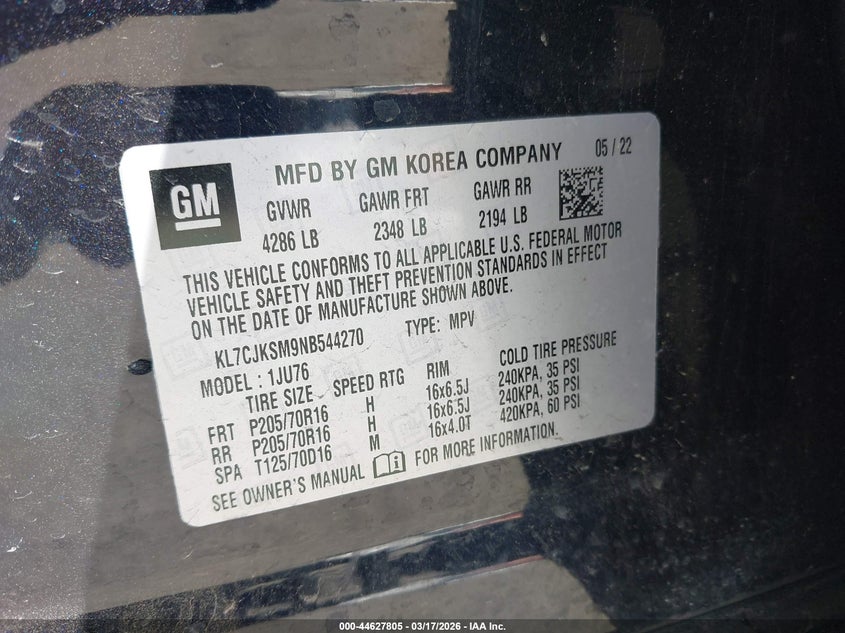 2022 Chevrolet Trax VIN KL7CJKSM9NB544270 IAAI salvage auction — FRONT END, Salvage Title, sold $925 on 2026-07-23 (photo 9)