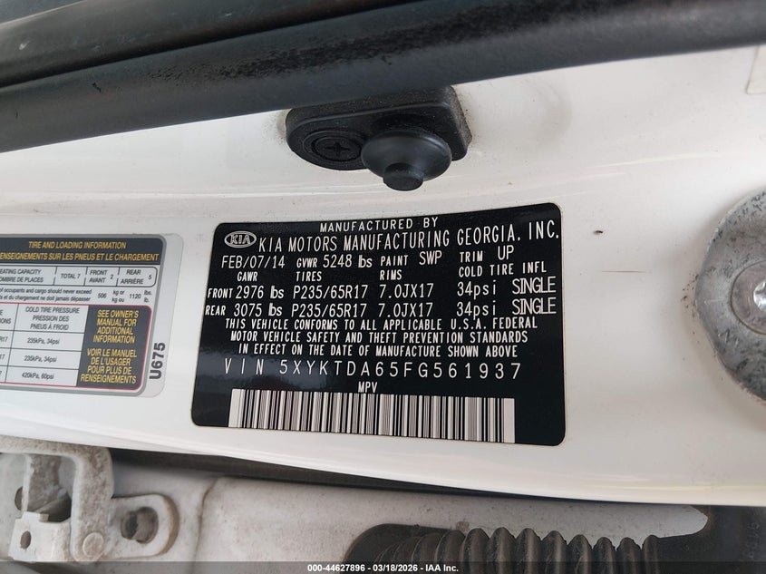 2015 Kia Sorento VIN 5XYKTDA65FG561937 IAAI salvage auction — RIGHT FRONT, Salvage (Texas), sold $25 on 2026-07-29 (photo 9)