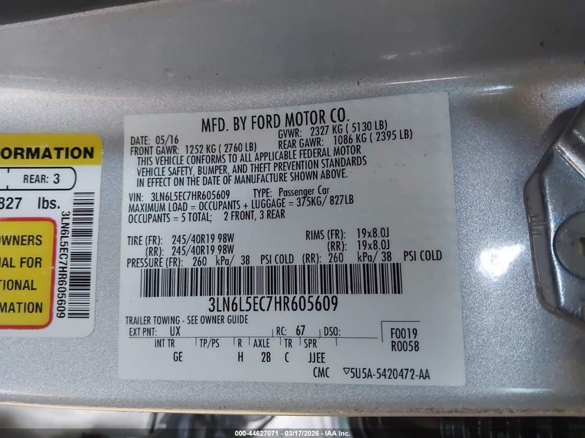 2017 Lincoln Mkz VIN 3LN6L5EC7HR605609 IAAI salvage auction — FRONT END, Salvage Title, sold $1,050 on 2026-07-18 (photo 9)