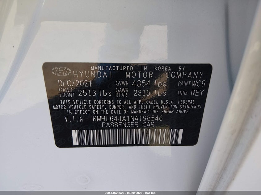 2022 Hyundai Sonata VIN KMHL64JA1NA198546 IAAI salvage auction — REAR END, Salvage Title, sold $2,500 on 2026-07-29 (photo 9)