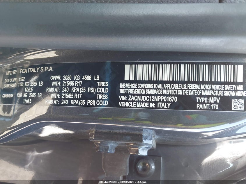 2022 Jeep Renegade VIN ZACNJDC12NPP01670 IAAI salvage auction — FRONT END, Salvage Title, sold $3,100 on 2026-07-14 (photo 9)